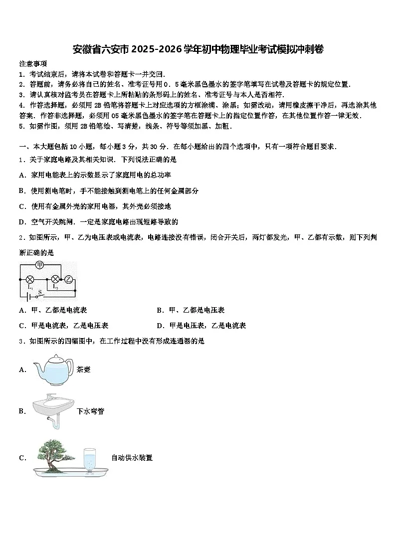 安徽省六安市2025-2026学年初中物理毕业考试模拟冲刺卷(含答案解析)第1页