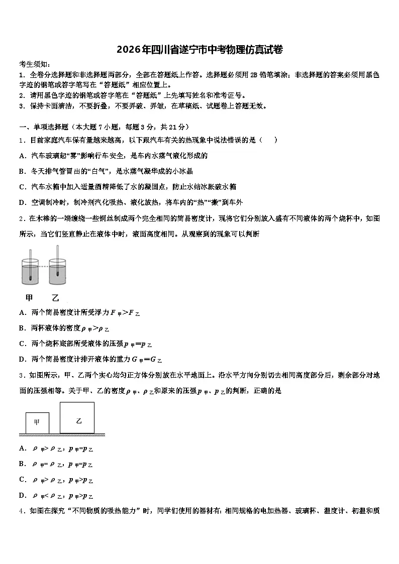 2026年四川省遂宁市中考物理仿真试卷(含答案解析)第1页