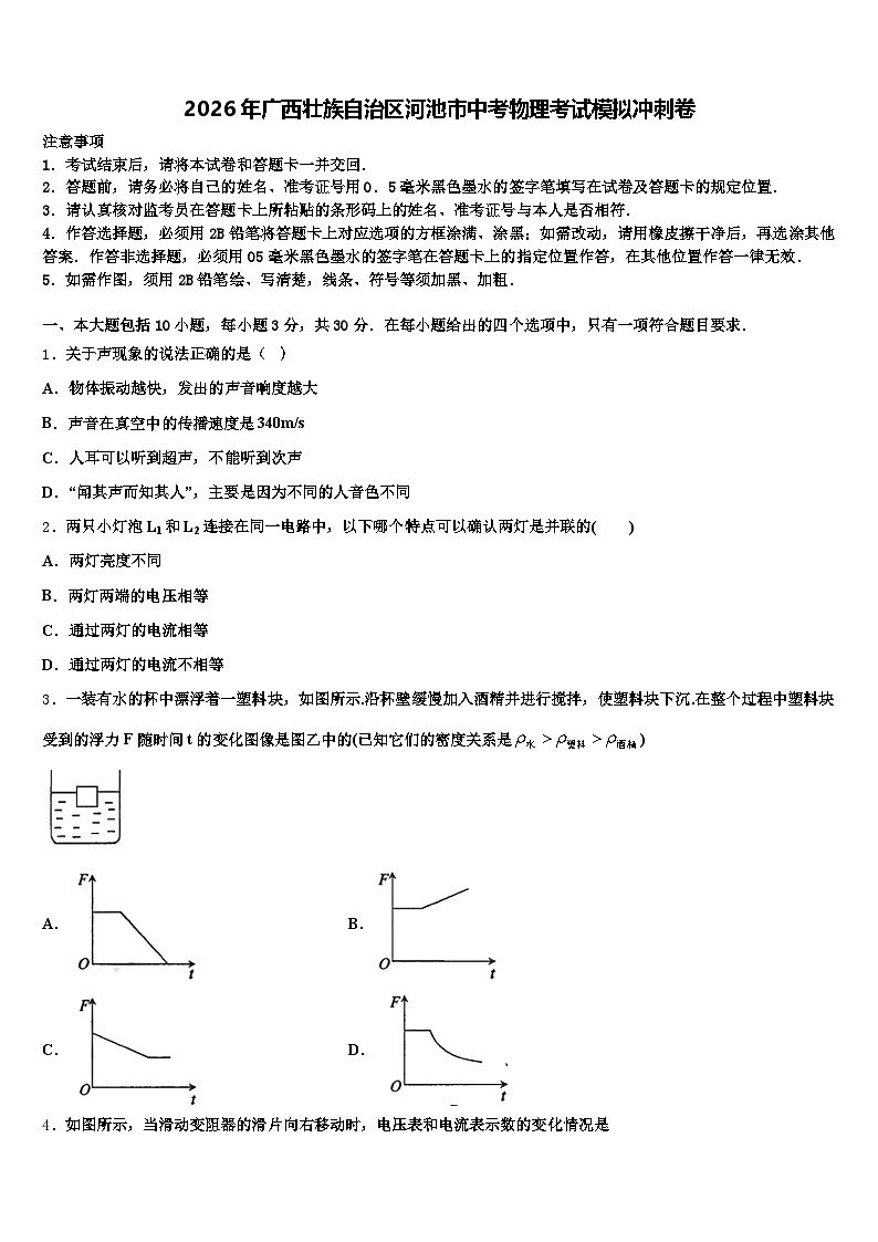 2026年广西壮族自治区河池市中考物理考试模拟冲刺卷(含答案解析)第1页