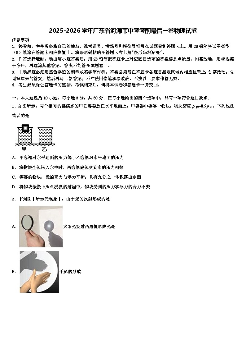 2025-2026学年广东省河源市中考考前最后一卷物理试卷(含答案解析)第1页