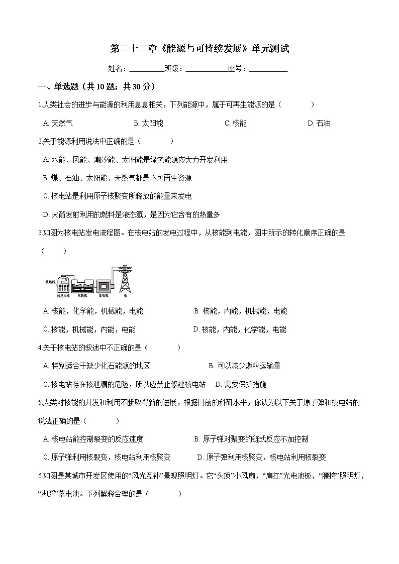 高中物理九年級全一冊-第二十二章《能源與可持續(xù)發(fā)展》單元測試-人教版(含答案)第1頁
