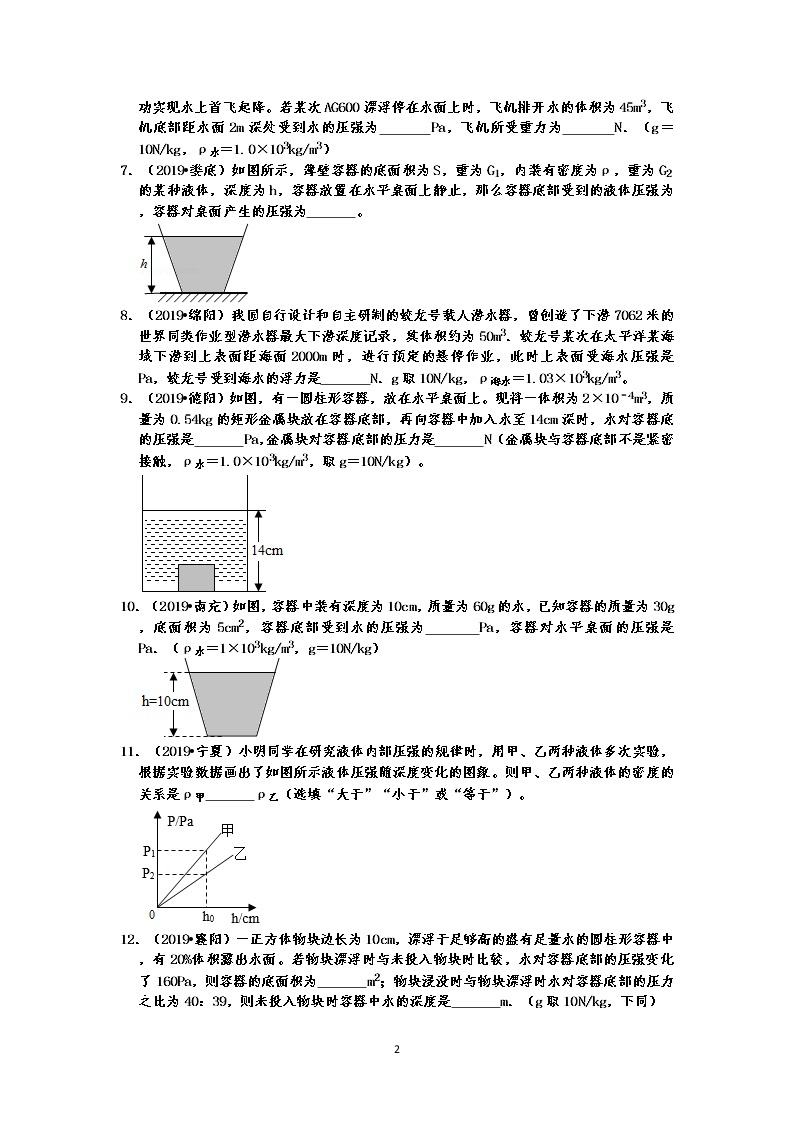 2019中考物理真题分类汇编压强和浮力 填空题3  液体压强（共17题，有答案）02