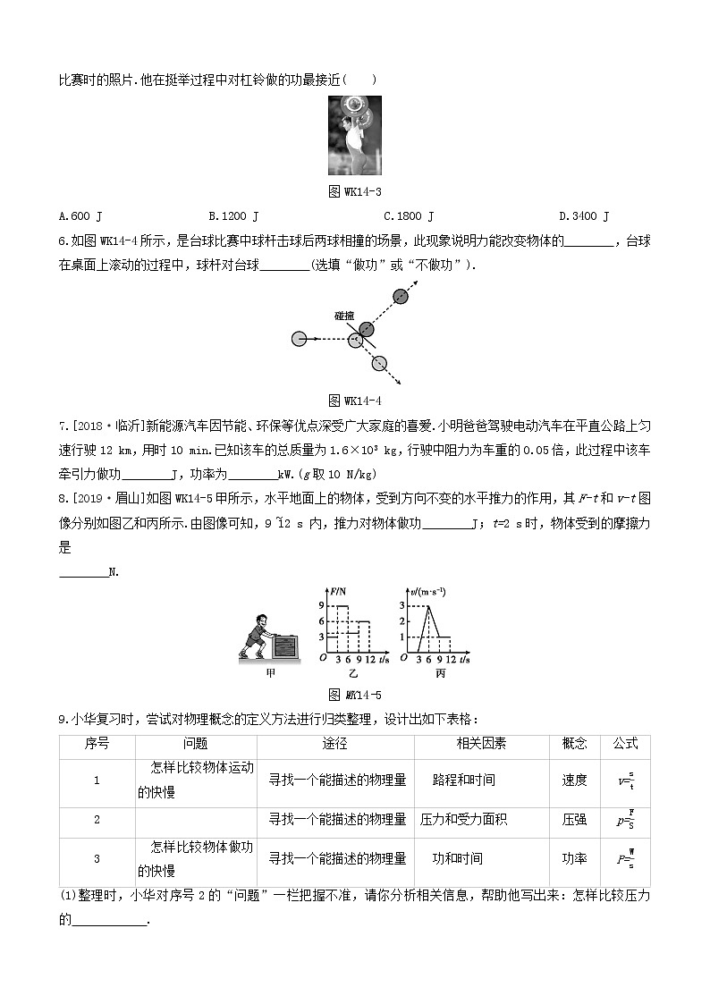 (杭州专版)2020中考物理复习方案课时训练14功功率02