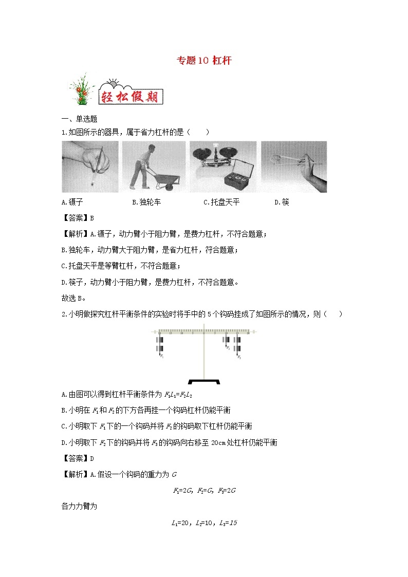 （暑假巩固练）2020年八年级物理专题10杠杆（含解析）新人教版01