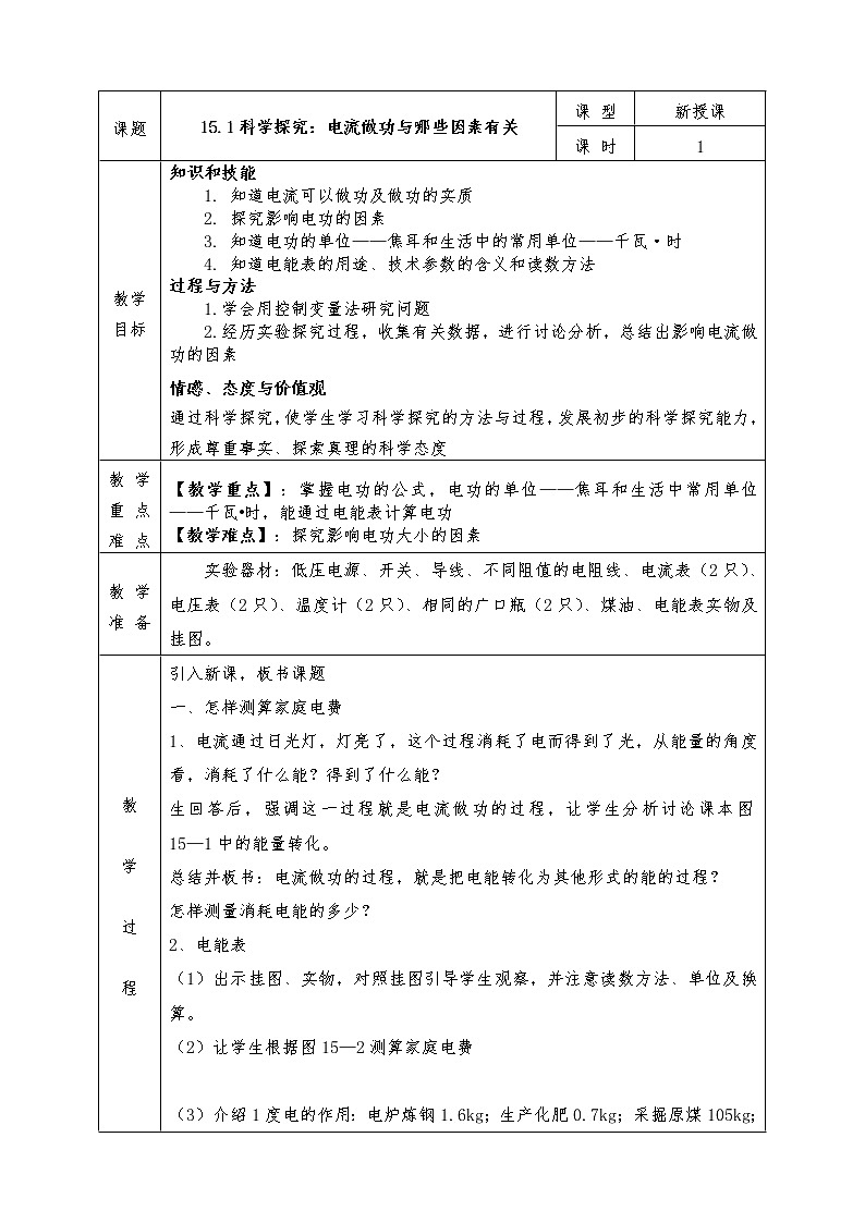 沪科版九年级物理全册教案15.1 电流做功与哪些因素有关第1页