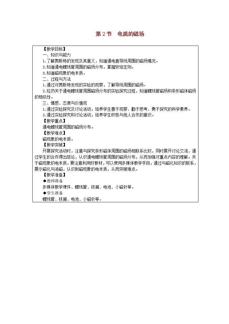 教科版九年級(jí)物理上冊(cè)《7.2電流的磁場》教案(表格版)第1頁