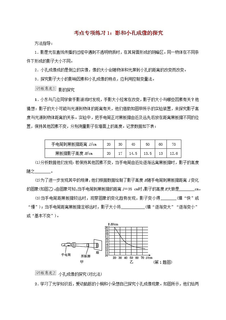 2020_2021学年八年级物理上册考点专项练习1影和凶成像的探究含解析第1页