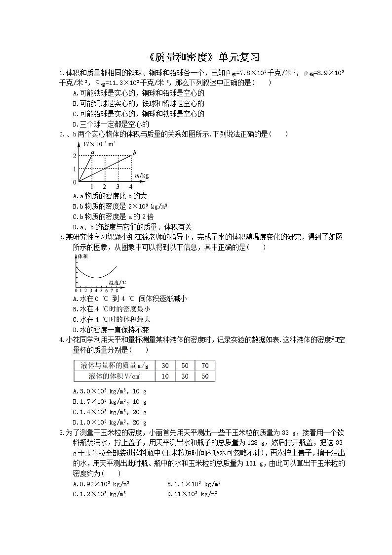2020年人教版八年级物理上册:《质量和密度》单元复习(含答案)第1页