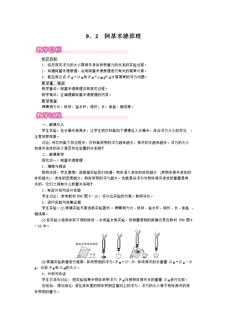 2021年沪粤版 八年级物理下册  9.2 阿基米德原理 教案01