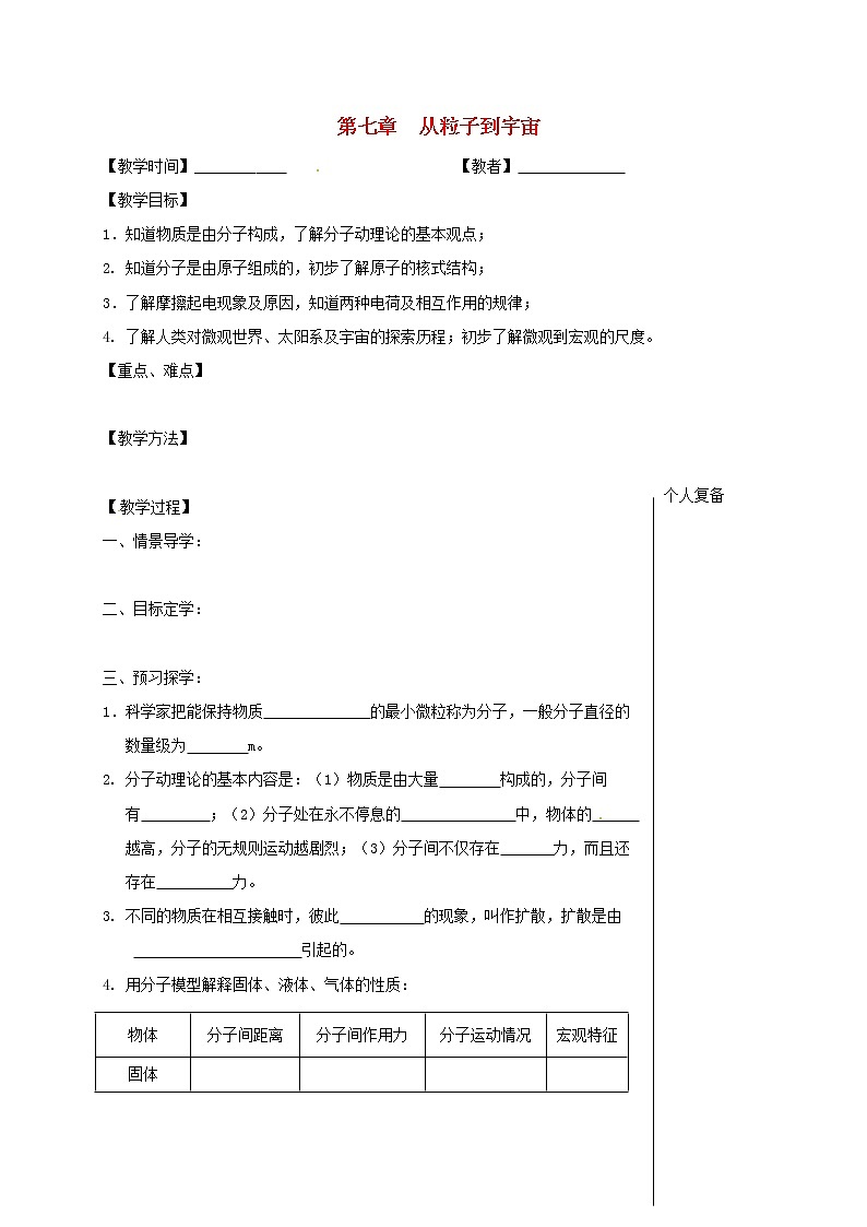 2021年蘇科版八年級物理下冊 第7章 從粒子到宇宙 復(fù)習(xí) 教學(xué)案第1頁