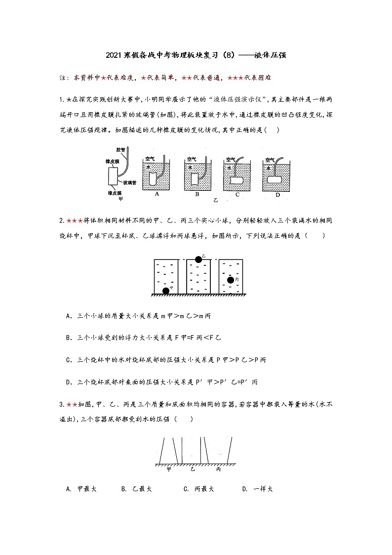 2021年寒假备战中考人教版物理板块复习 (8)——液体压强(无答案) 试卷01