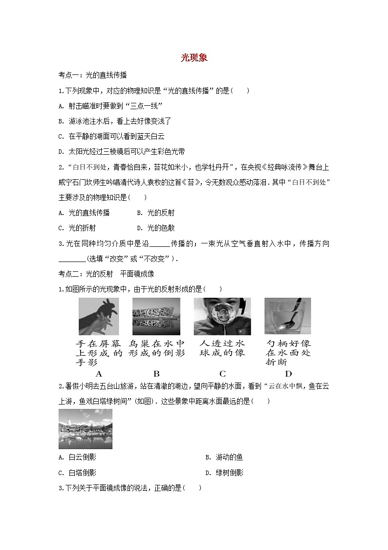 2021年中考物理总复习专题训练《光现象》(含解析)01