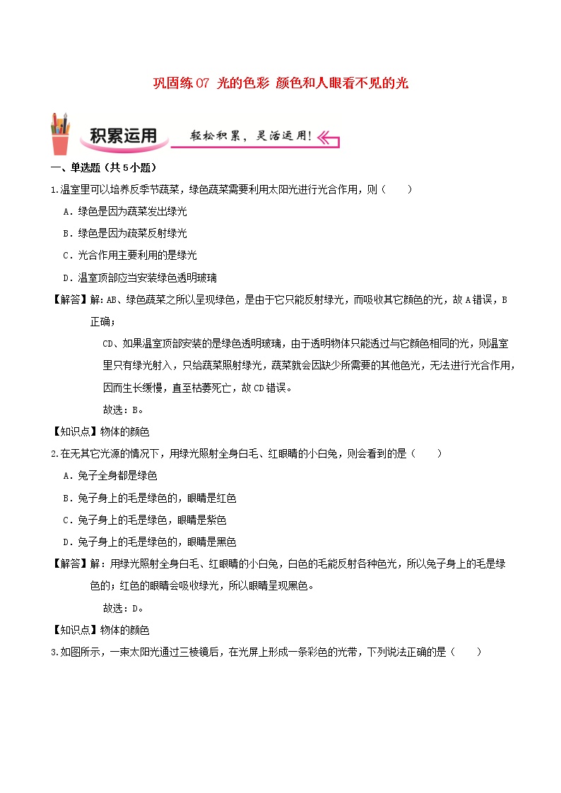 2020_2021学年八年级物理上学期寒假作业巩固练07光的色彩颜色和人眼看不见的光含解析沪科版