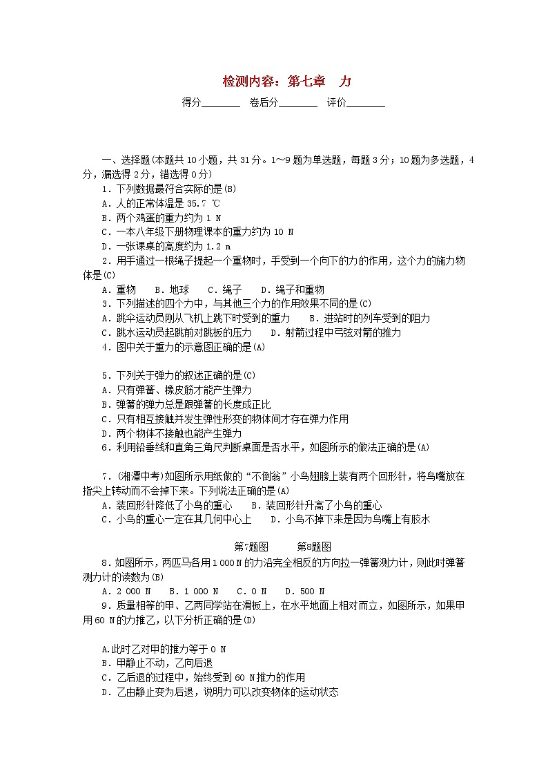 人教版 八年級(jí)物理下冊單元檢測 第七章 力  （含答案）第1頁