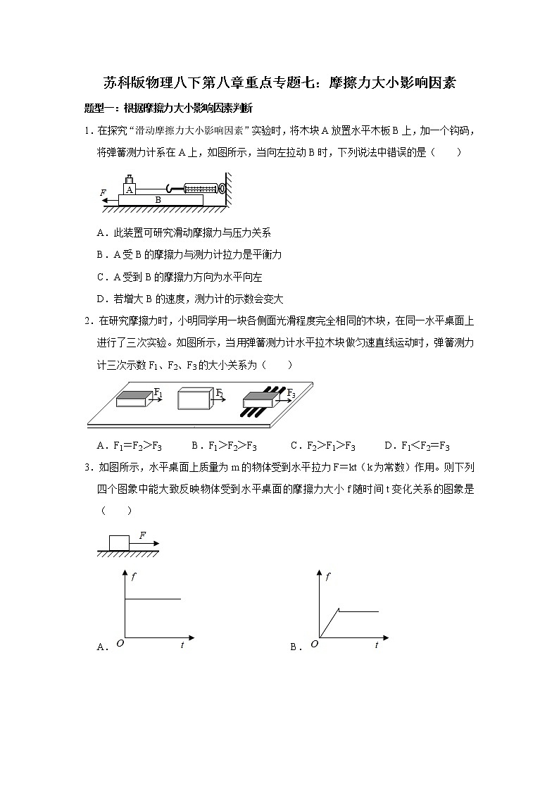 2020-2021学年苏科版八年级物理下册 第八章重点专题七:摩擦力大小影响因素第1页