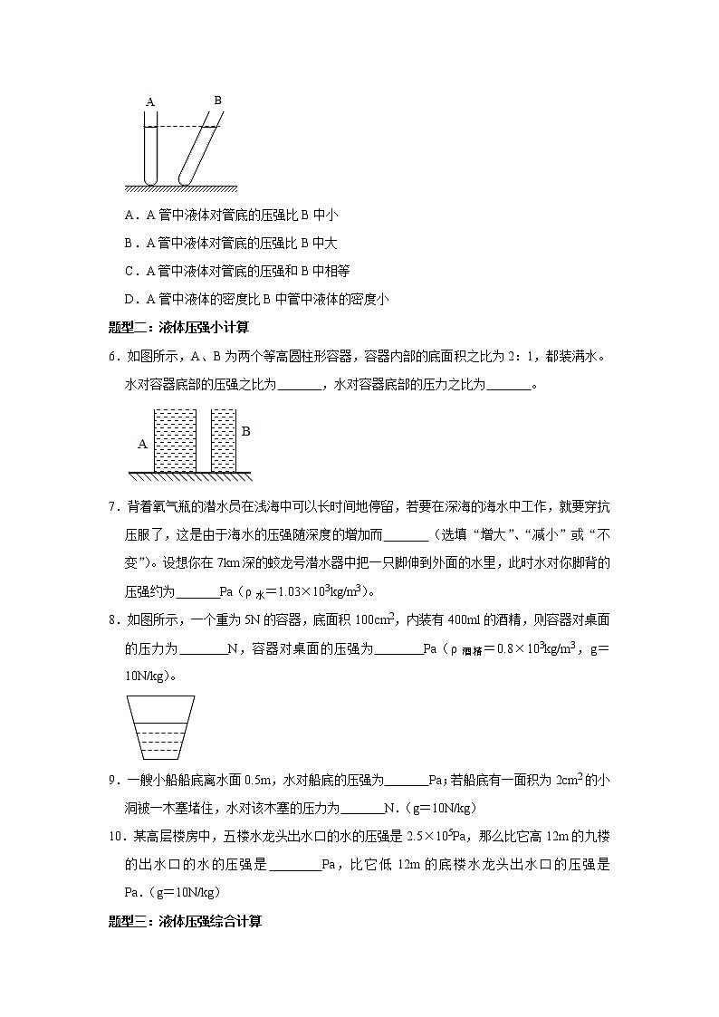 2020-2021学年苏科版八年级物理下册 第十章重点专题十一:液体压强大小第2页