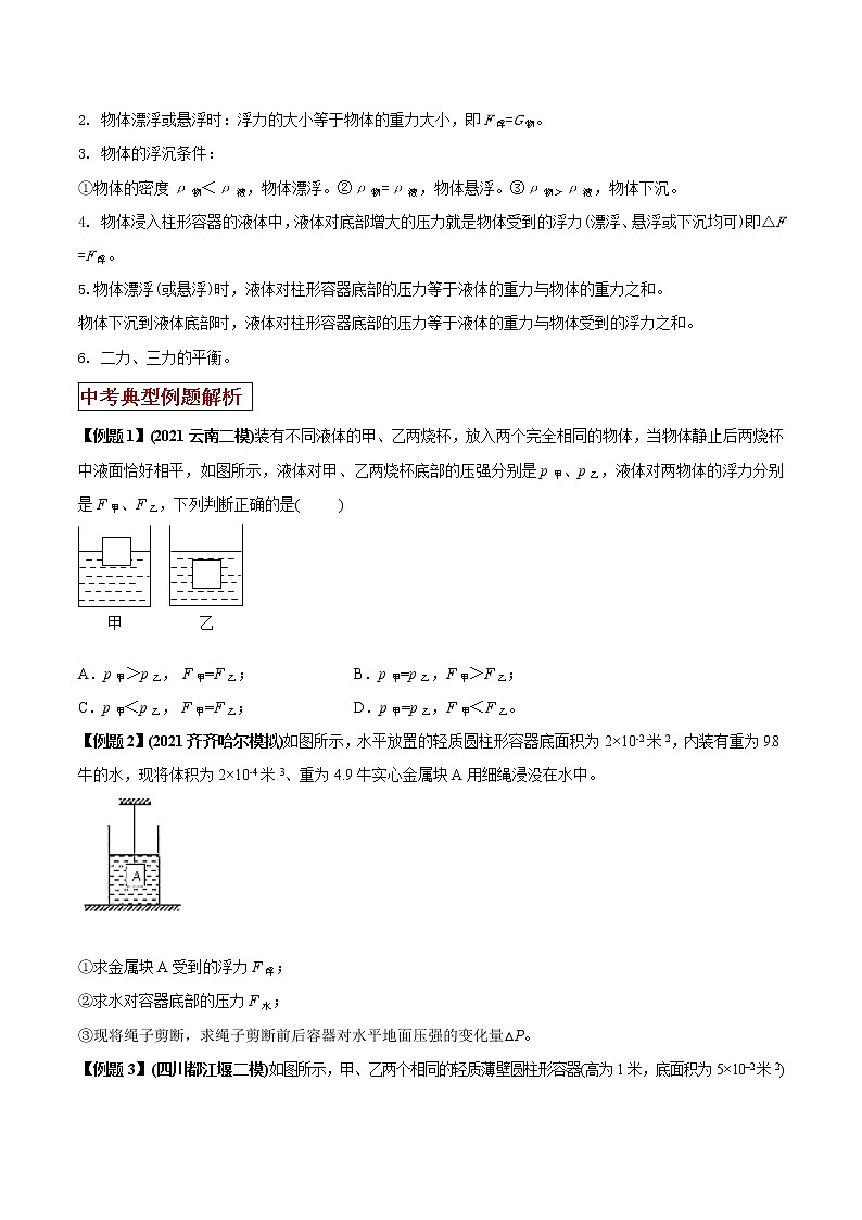 2021年中考物理三轮冲刺过关 专题11 压强与浮力综合类问题对策(学生版)02