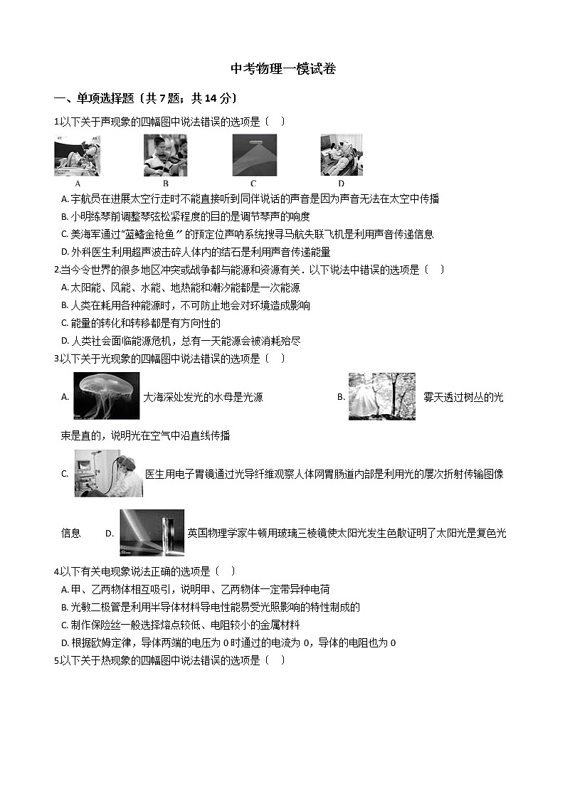 四川省资阳市2021年中考物理一模试卷第1页