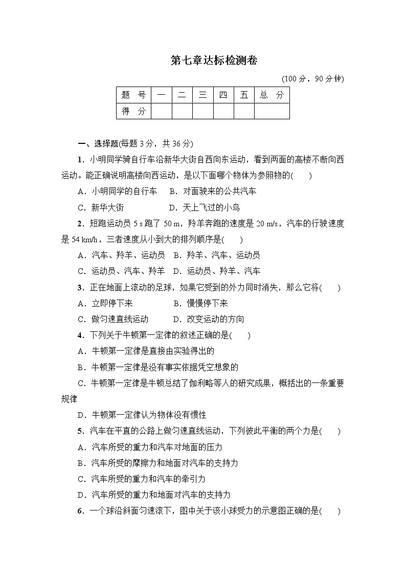 滬粵版八年級(jí)下冊物理第七章達(dá)標(biāo)檢測卷第1頁