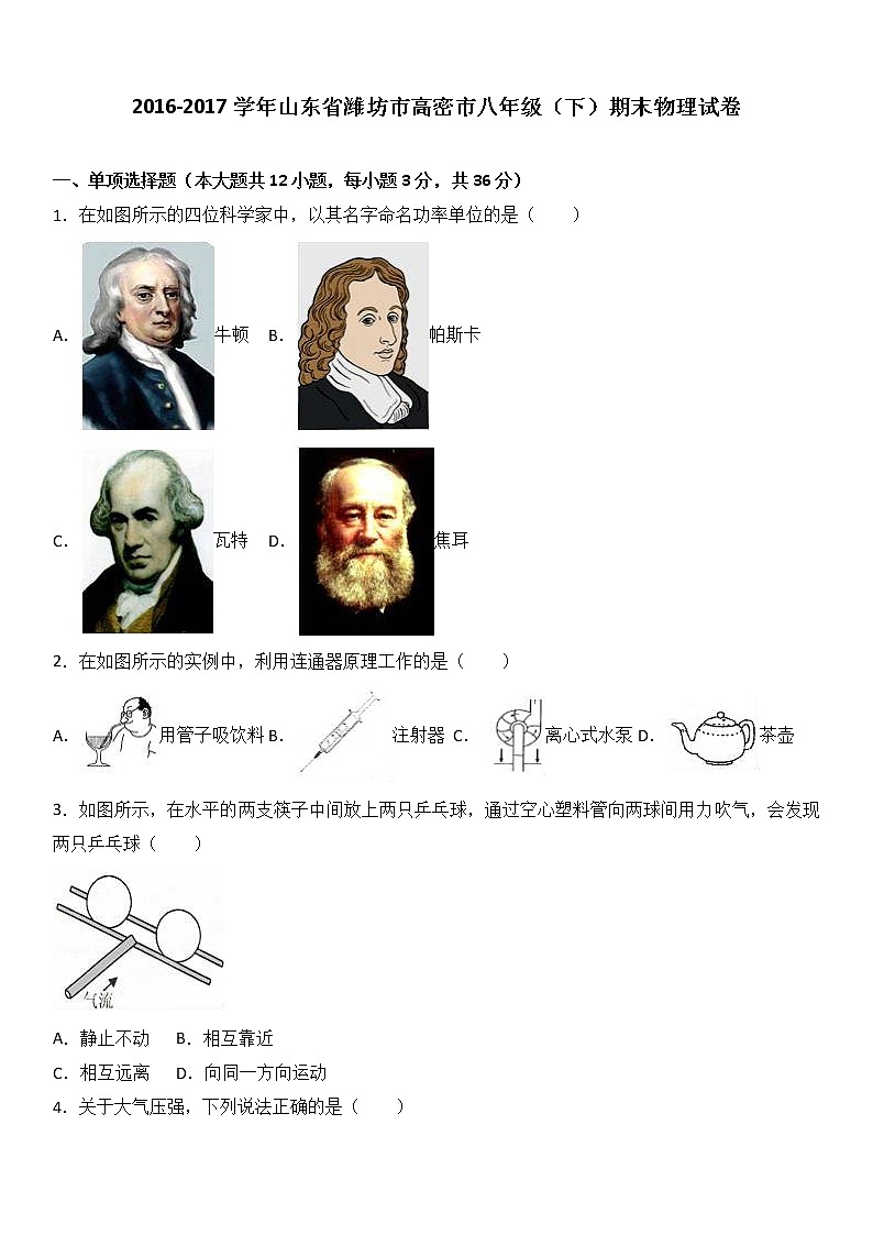 山东省潍坊市高密市2016-2017学年八年级(下)期末物理试卷(解析版)第1页
