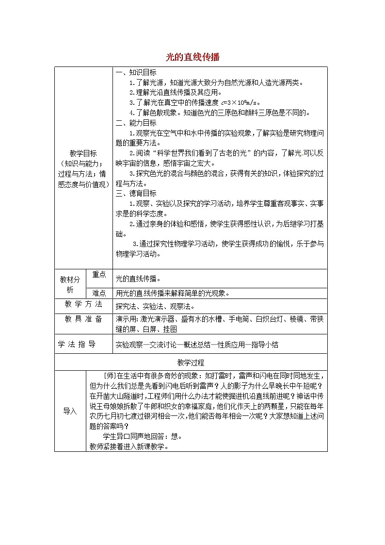 人教版初中8年級(jí)上冊(cè)物理4.1 光的直線傳播 教案 1第1頁(yè)