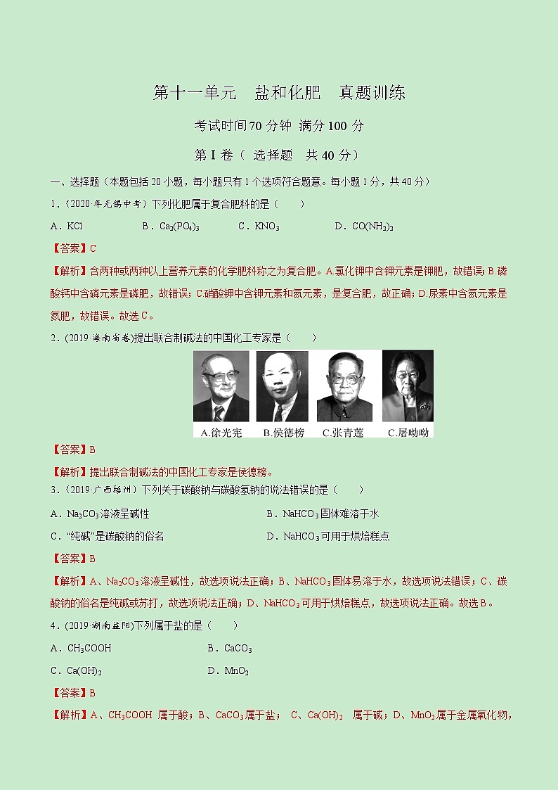 第十一单元 盐 化肥【真题训练】学年九年级化学下册单元复习一遍过(人教版)(解析版)第1页