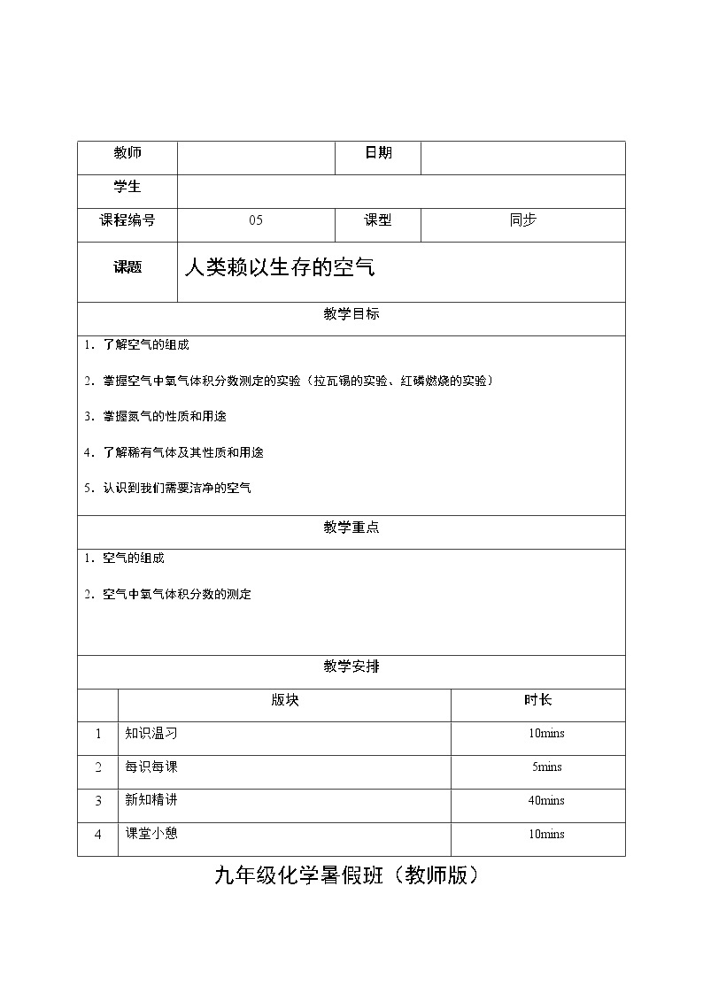 5 人类赖以生存的空气 沪教版（上海）九年级化学上册暑假班教学案（机构）01