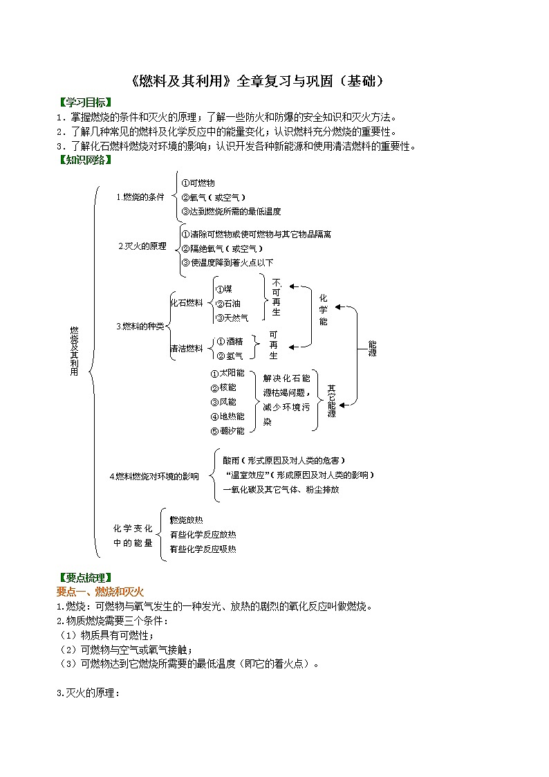 人教版初中化学九年级(上册)第七单元《燃料及其利用》全章复习与巩固(基础) 知识讲解学案01