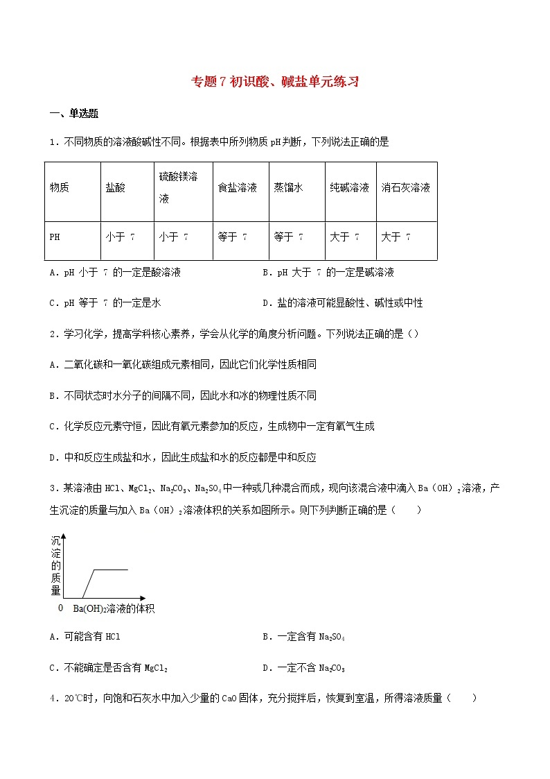 新仁爱版 九年级化学下册专题7初识酸碱和盐单元练习（含解析）01