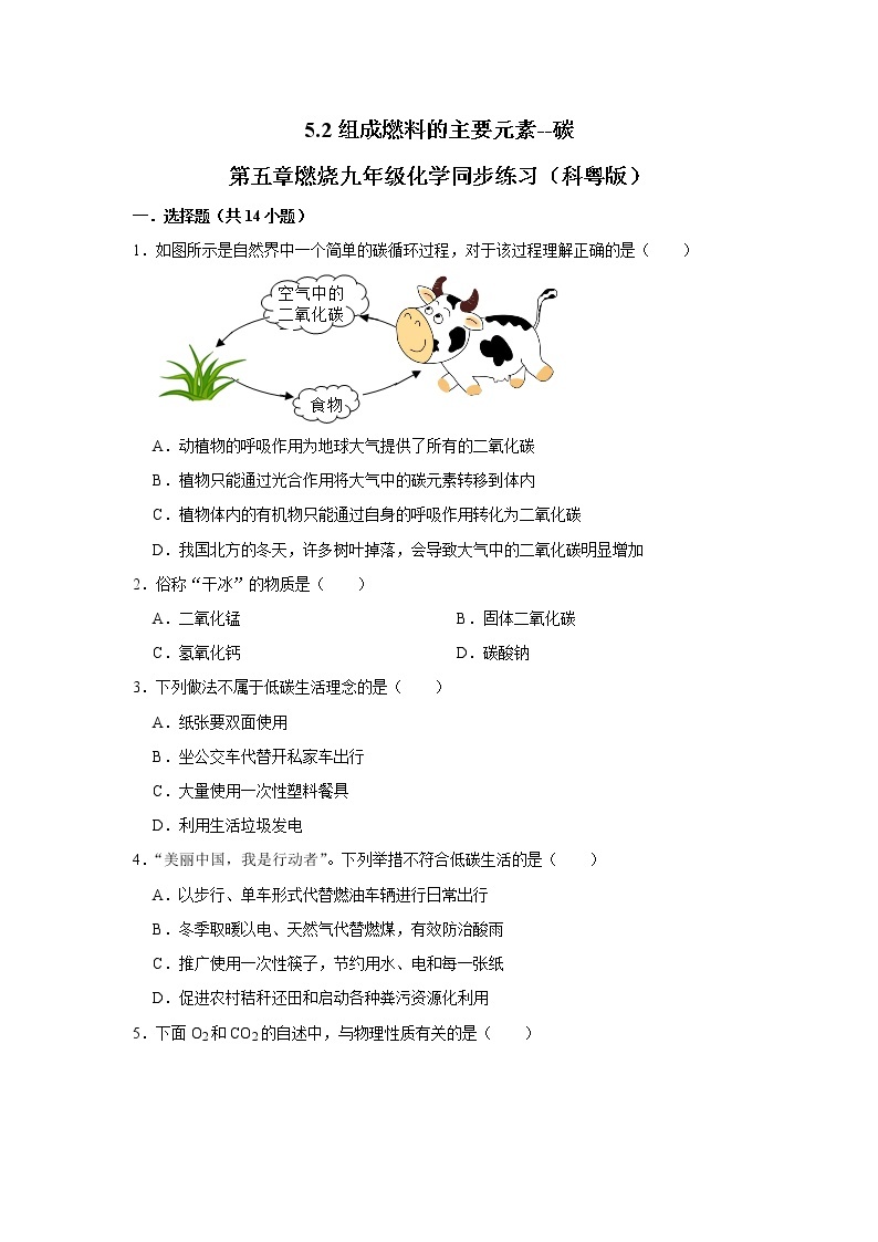 5.2组成燃料的主要元素——碳九年级化学科粤版上册含答案 试卷01