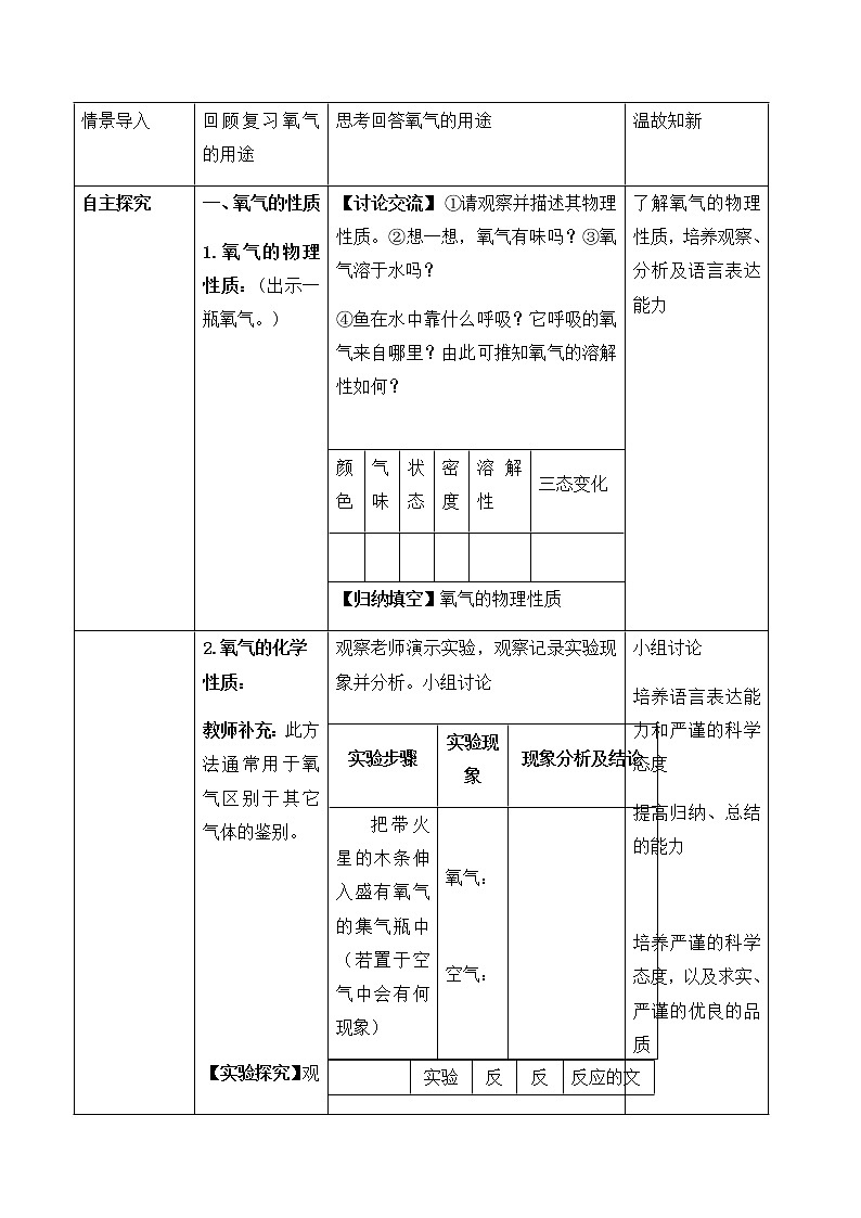 九年级化学上册 第三章 第一节 氧气的性质和用途 教学设计第2页
