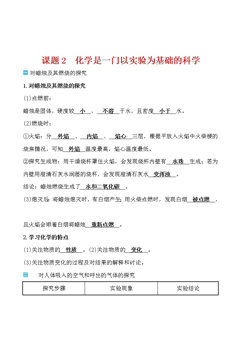 第一单元 课题2 化学是一门以实验为基础的科学导学案 2021-2022人教版化学九年级上册(教师版)第1页