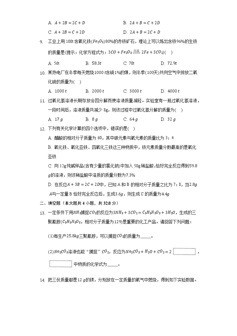 5.3化学反应中的有关计算 同步练习鲁教版初中化学九年级上册02