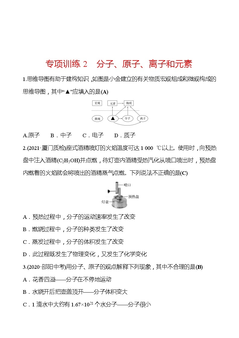 第3章 专项训练2分子、原子、离子和元素 同步练习 (原卷+解析卷)01