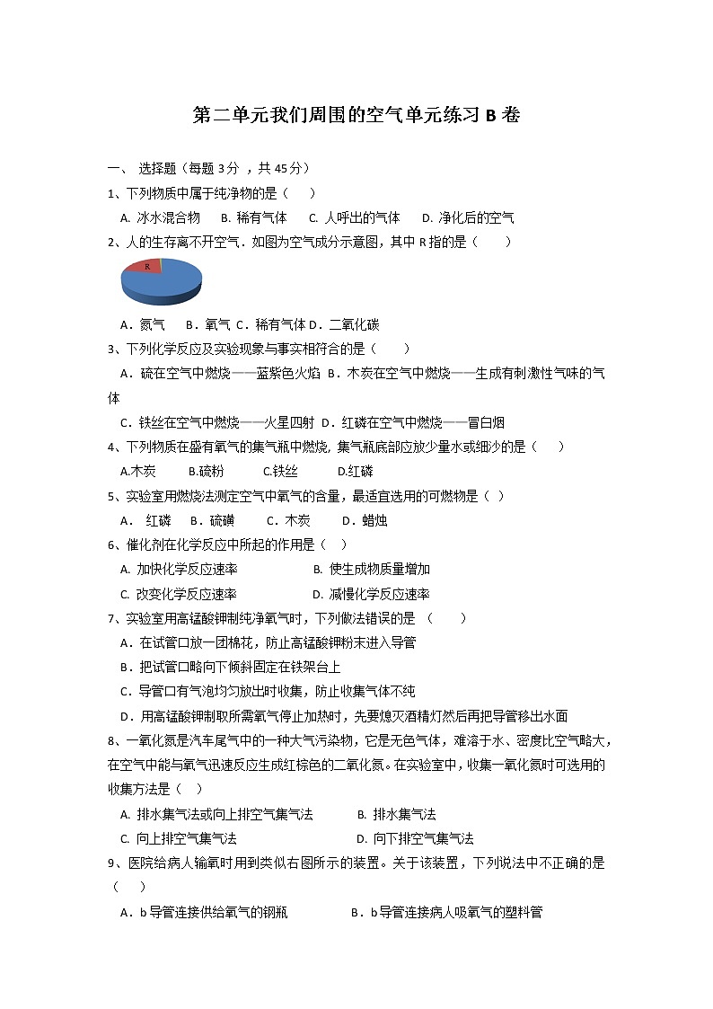 第二單元我們周圍的空氣單元練習(xí)B卷-2021-2022學(xué)年九年級化學(xué)人教版上冊（無答案）第1頁