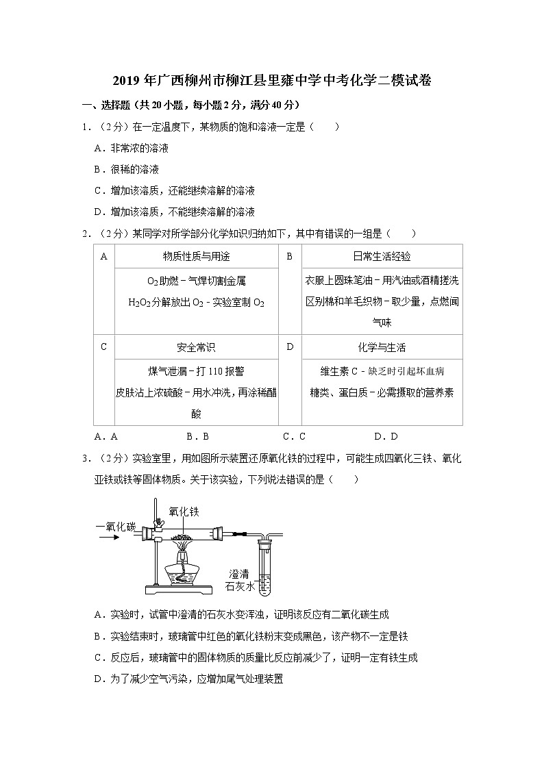 2021年广西柳州市柳江县里雍中学中考化学二模试卷01