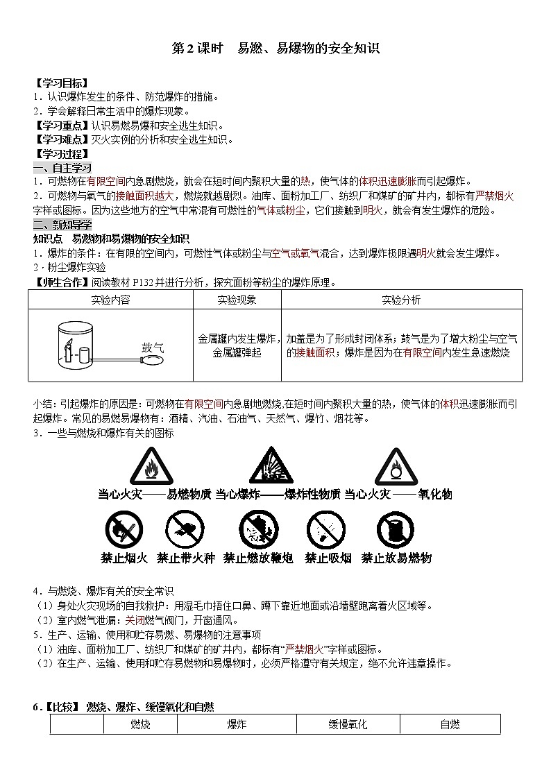 人教版九年级化学上册导学案第7单元 燃料及其利用 课题1 燃烧和灭火 第2课时 易燃、易爆物的安全知识(教师版)01