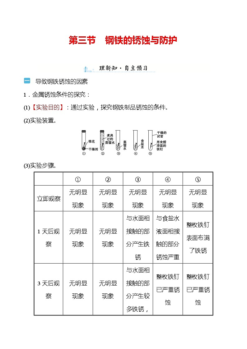 第九单元 第三节 钢铁的锈蚀与防护 学案(学生版)—2020-2021学年九年级化学鲁教版下册第1页
