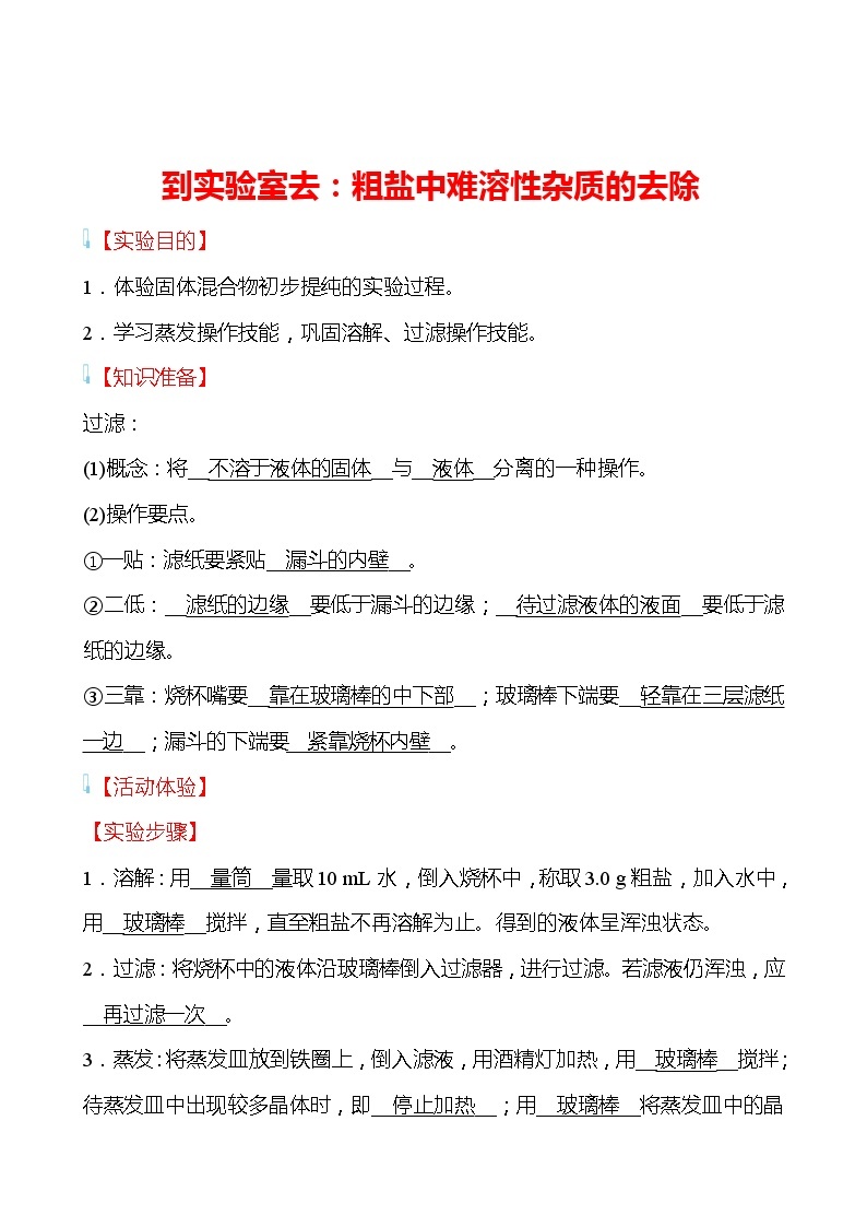 到实验室去：粗盐中难溶性杂质的去除 学案—2020-2021学年九年级化学鲁教版下册01