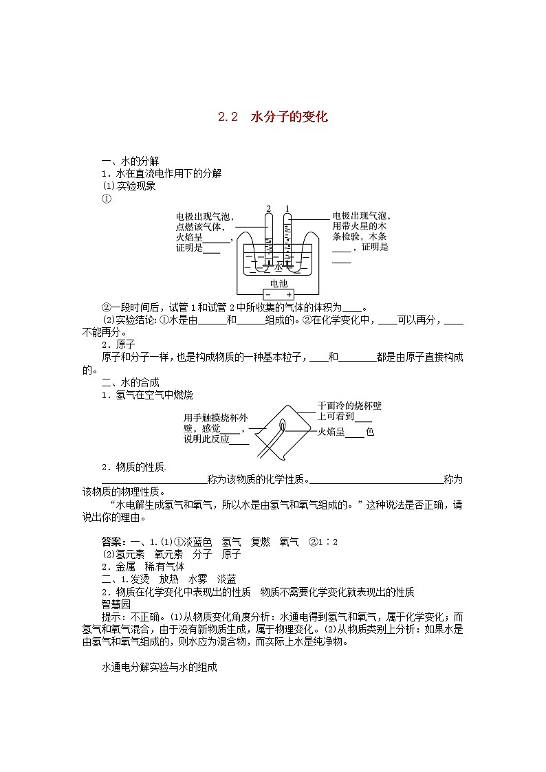 九年级化学上册 2.2 水分子的变化复习 鲁教版学案01
