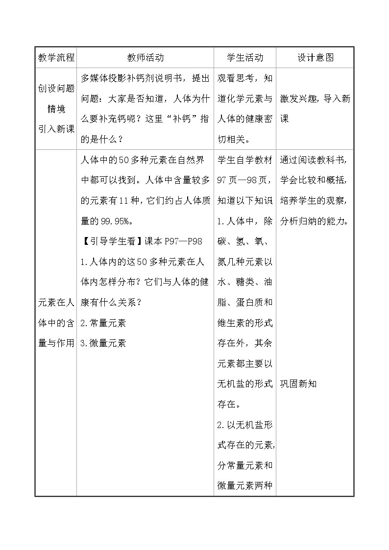 人教版 化学 九年级下册 12.2 课题2 化学元素与人体健康 教案第2页