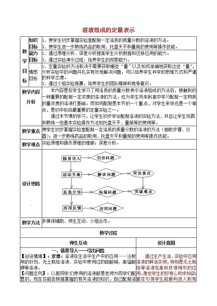 鲁教五四制初中化学九年级全册《第一单元 2 溶液组成的定量表示》教案01