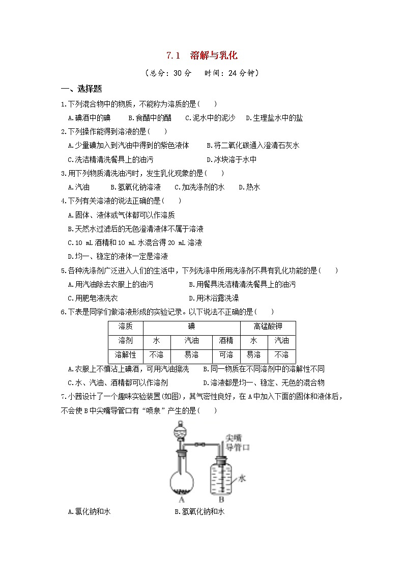 7.1 溶解与乳化 课后作业-2020-2021学年九年级化学下册(科粤版)第1页