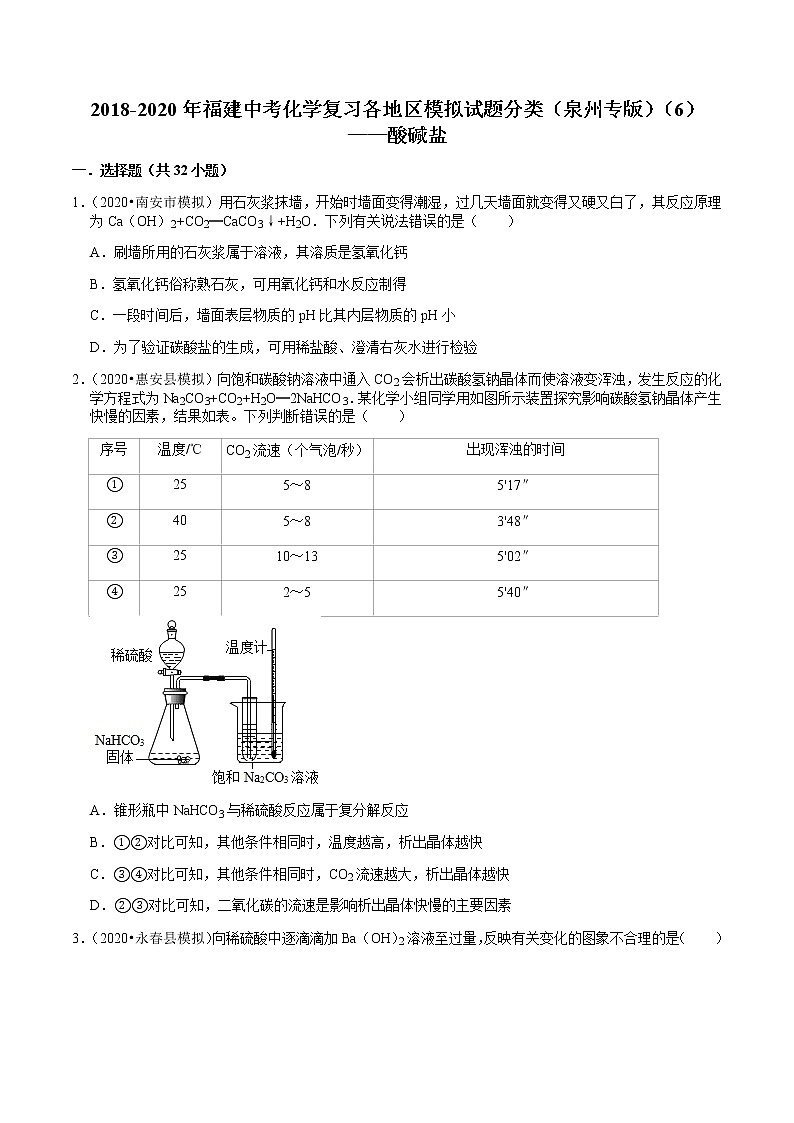 2018-2020年福建中考化学复习各地区模拟试题分类(泉州专版)(6)——酸碱盐 含解析答案第1页