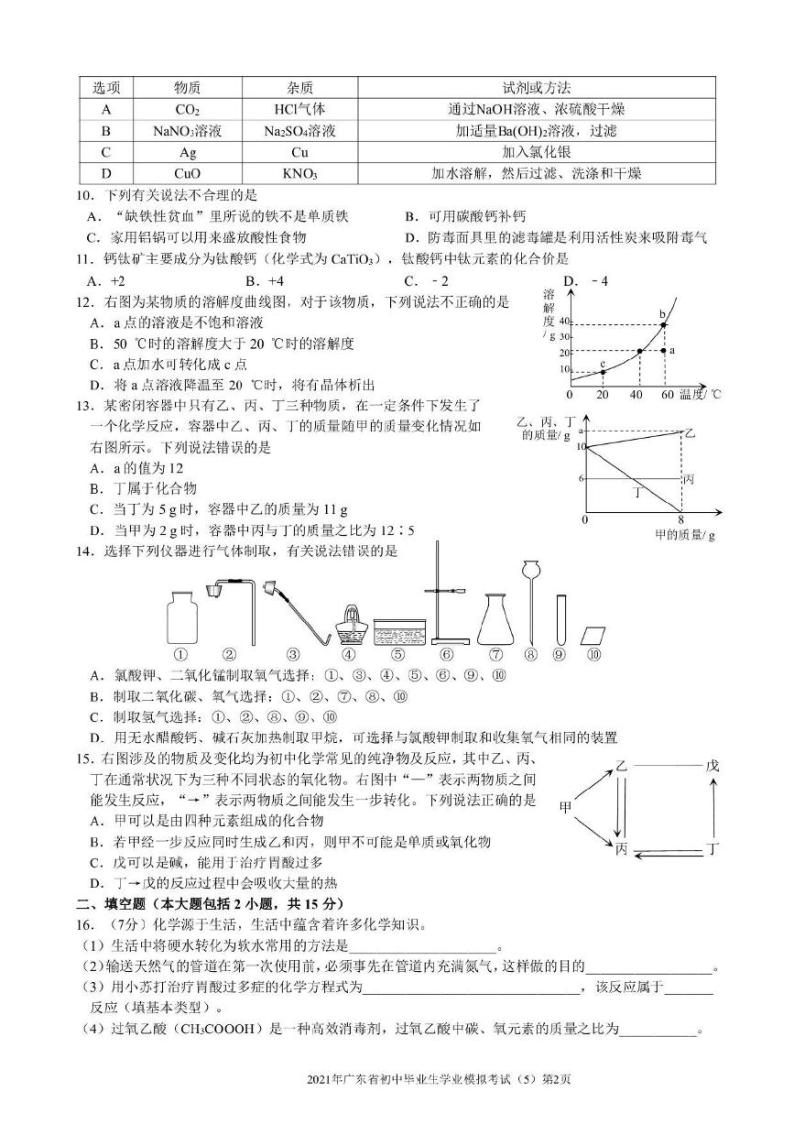 2021年广东省初中学业化学模拟考试五（图片版无答案）练习题02