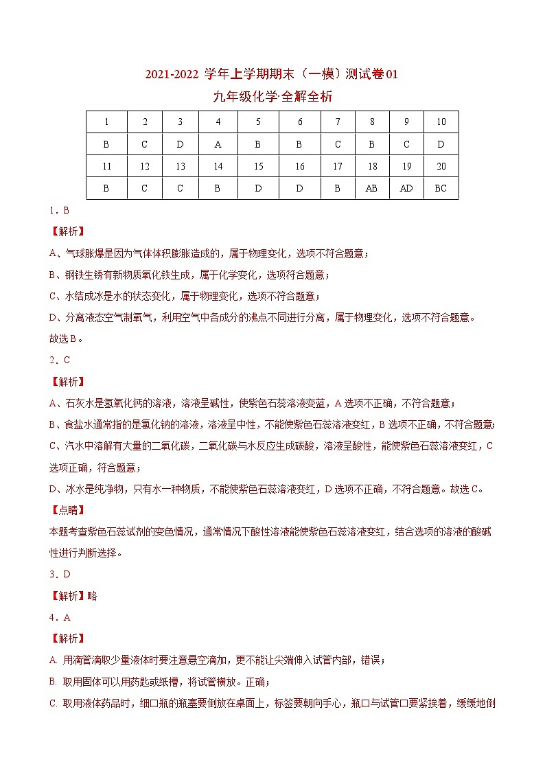 2021-2022学年九年级化学上学期期末测试卷(沪教版·上海)01(含考试版+全解全析+答题卡)01