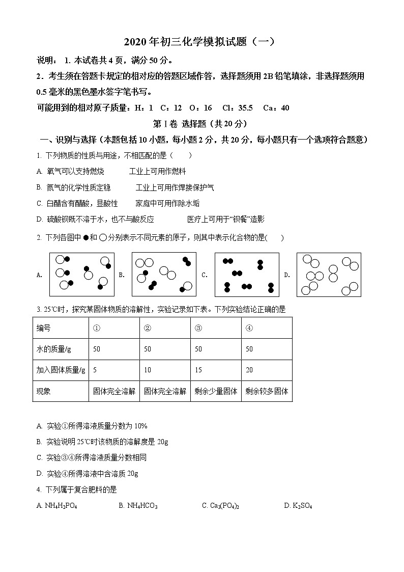 精品解析:2020年山东省菏泽市郓城县中考一模化学试题(原卷版)第1页