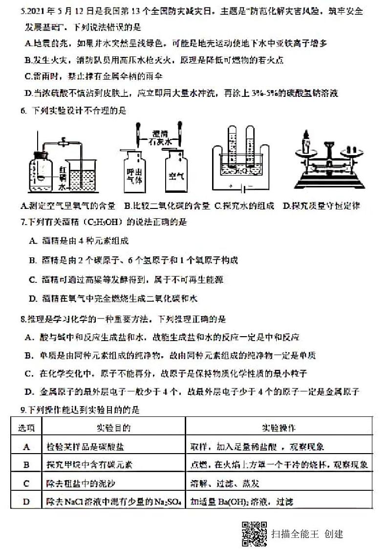 2021年福建省莆田市初中毕业班质量检查化学试卷(PDF版,无答案)第2页