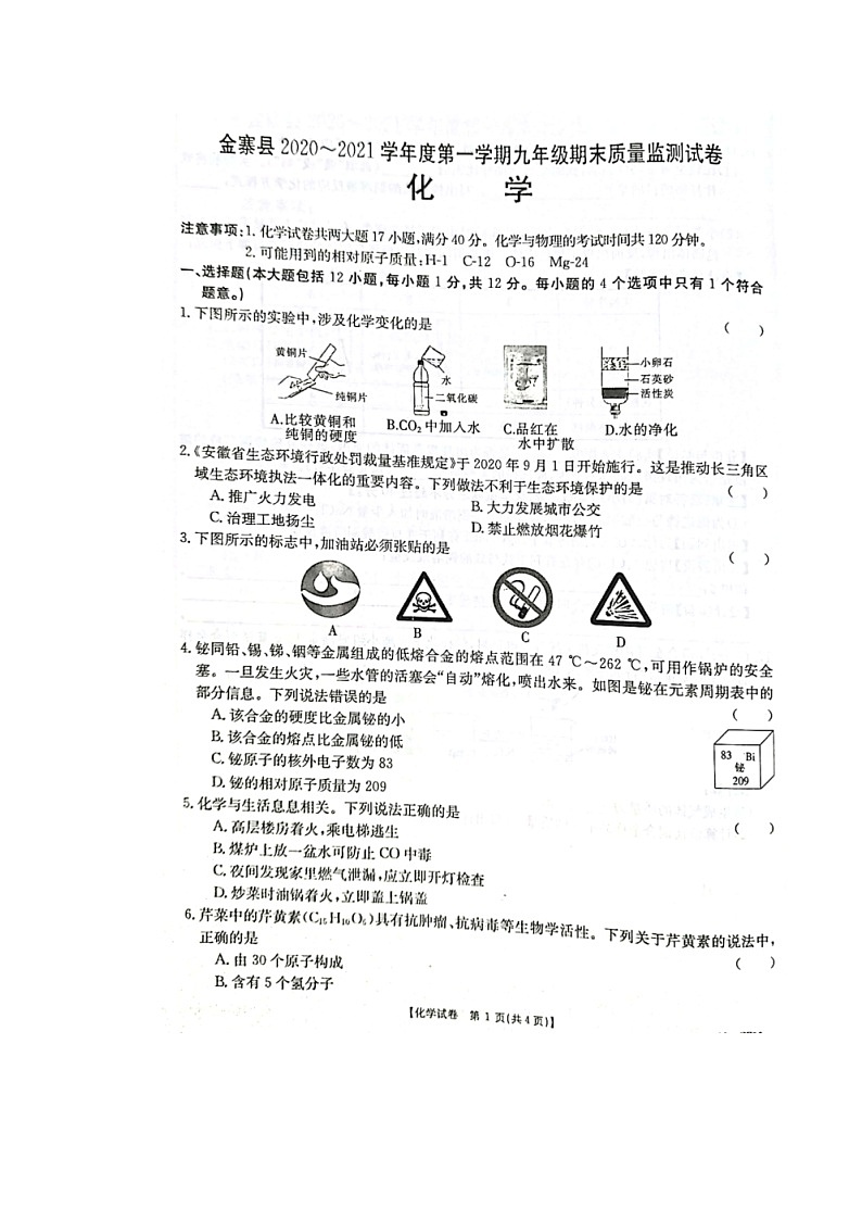 安徽省六安市金寨县2020-2021学年第一学期期末考试九年级化学试题(图片版无答案)第1页