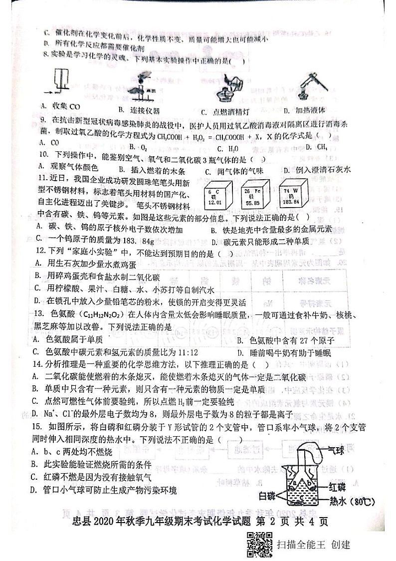 重庆市忠县2020-2021学年九年级上学期期末考试化学试题(图片版)第2页